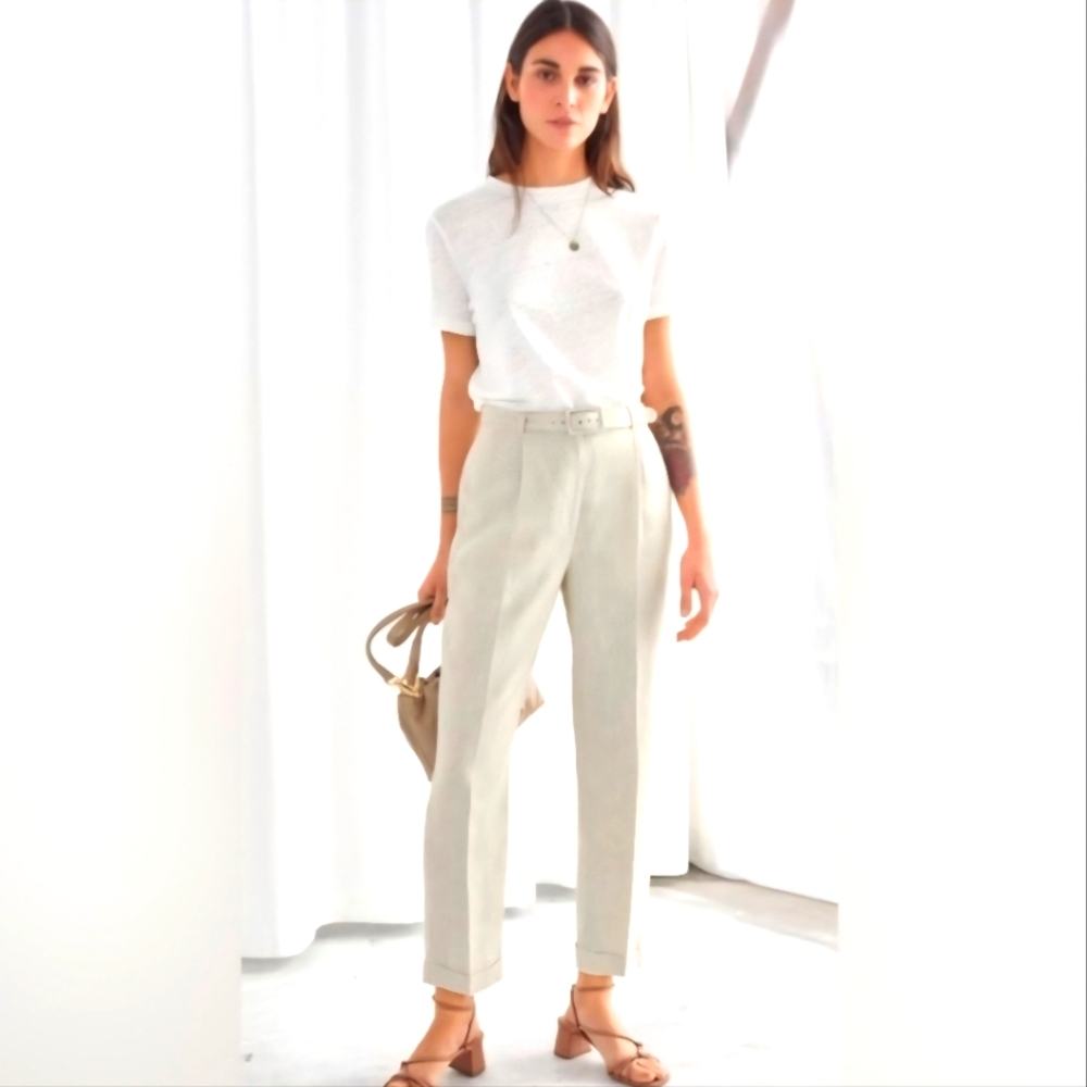 & other stories Linen belted pants, pale beige, size 6